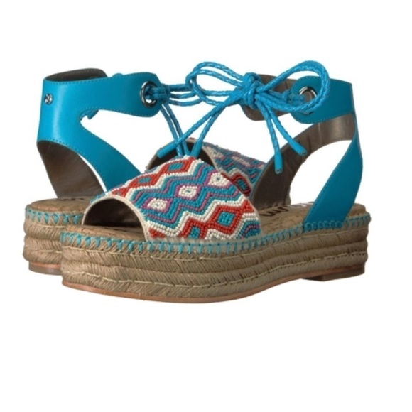 SAM EDELMAN "NEERA"  BLUE & RED BEADING ESPADRILLE WEDGES SZ 6.5 BOHO COASTAL - Picture 2 of 13
